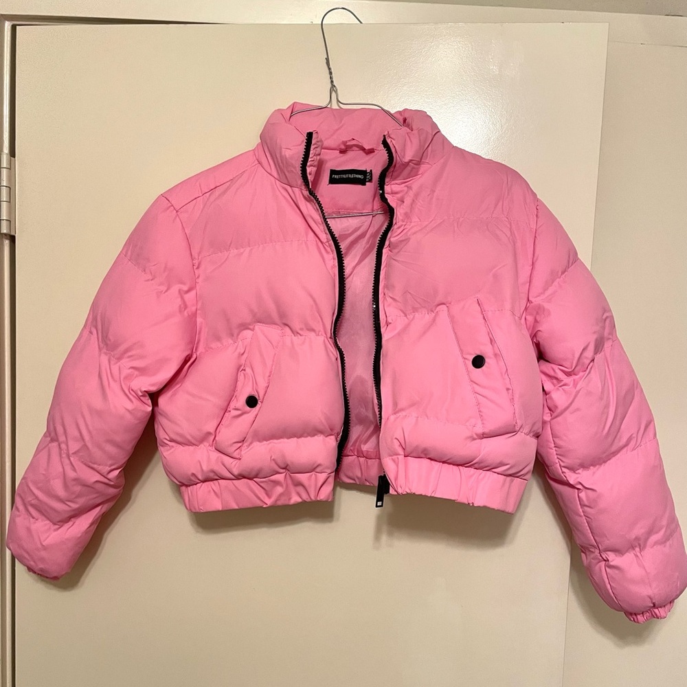 PrettyLittleThing pink cropped puffer jacket. Size 2.